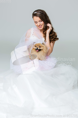 Image of beautiful bride girl with spitz bride on gray background