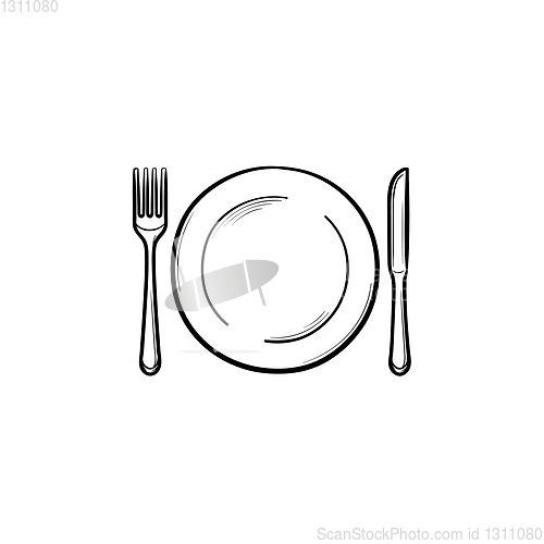 Image of Plate with fork and knife hand drawn sketch icon.