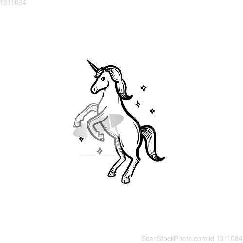 Image of Unicorn with magic stars hand drawn sketch icon.