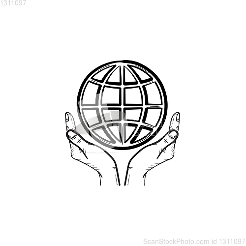 Image of Hands support earth globe hand drawn sketch icon.
