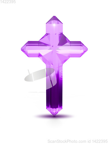 Image of Purple crystal cross religious symbol on white background