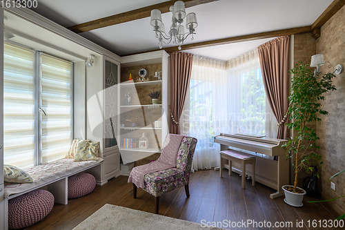 Image of Classic brown and white living room interior