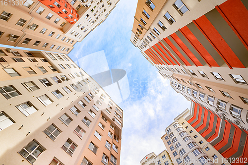 Image of Wide angle shot of brand new apartments buildings exterior