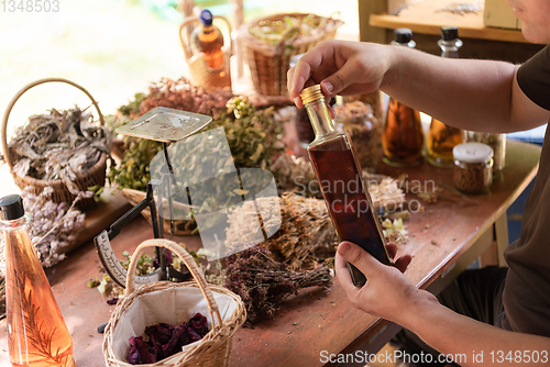 Image of potion bottle in hand of herbalist