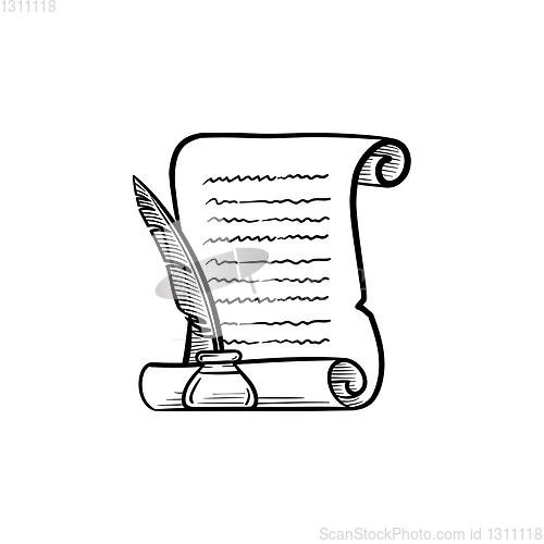 Image of Manuscript paper with feather pen hand drawn icon.