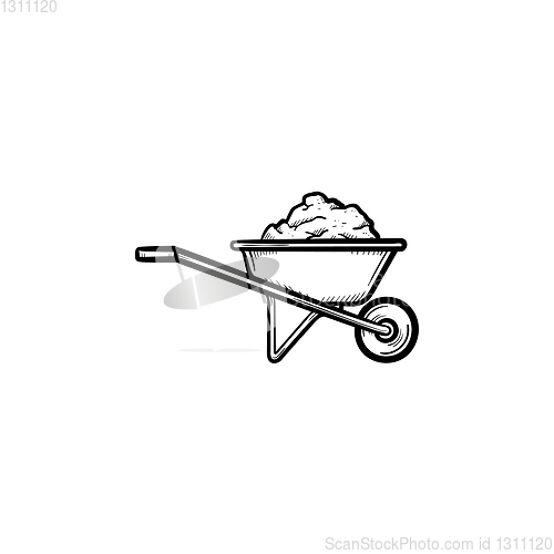 Image of Wheelbarrow full of sand hand drawn sketch icon.