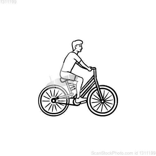 Image of Man riding a bike hand drawn outline doodle icon.