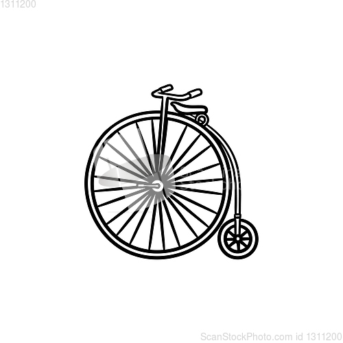 Image of Old high wheel hand drawn outline doodle icon.