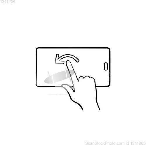 Image of Hand touching smartphone screen hand drawn outline doodle icon.