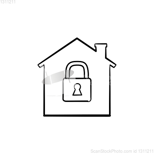 Image of House with closed lock hand drawn outline doodle icon.