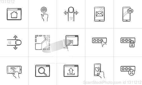 Image of Smartphone and unlock technology hand drawn outline doodle icon set.