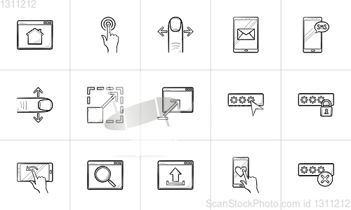 Image of Smartphone and unlock technology hand drawn outline doodle icon set.
