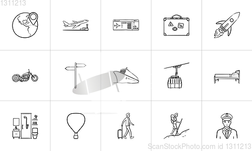 Image of Travel and transport hand drawn outline doodle icon set.