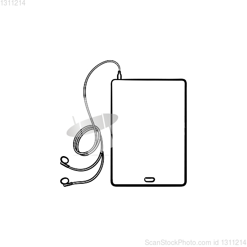 Image of Tablet with headphones hand drawn outline doodle icon.