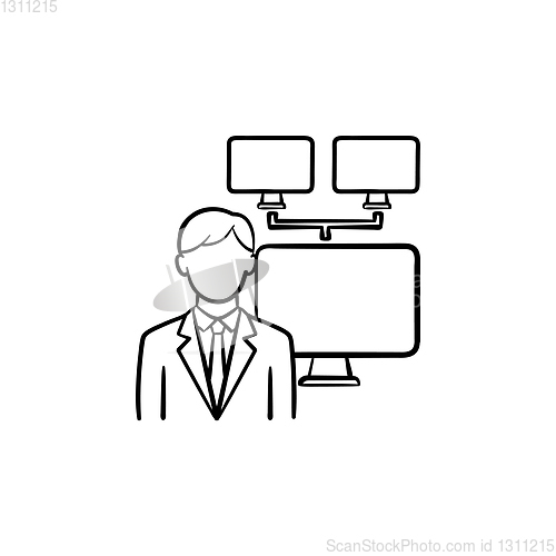 Image of Businessman with computer network hand drawn outline doodle icon.