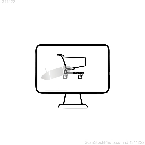 Image of Computer screen with shopping cart hand drawn outline doodle icon.