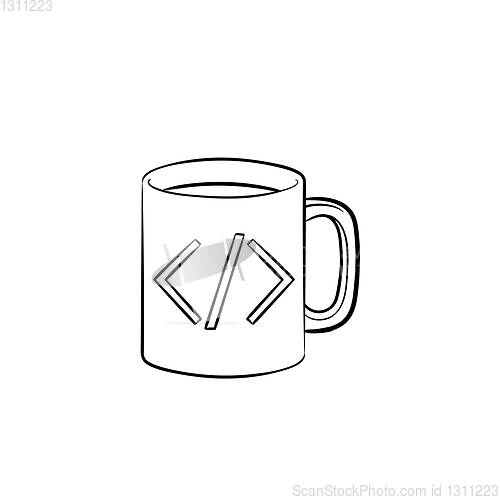 Image of Coffee cup with code sign hand drawn outline doodle icon.