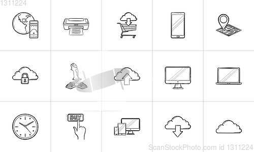 Image of Cloud technology and mobile devices hand drawn outline doodle icon set.