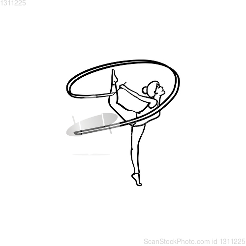 Image of Young gymnast woman with ribbon hand drawn outline doodle icon.