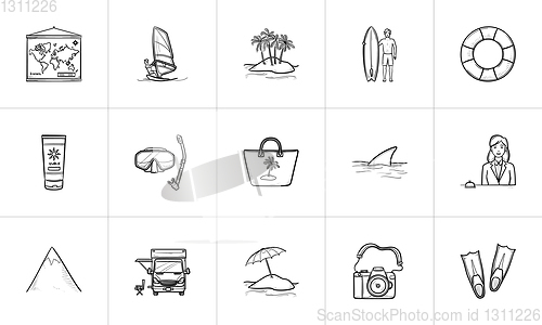 Image of Summer vacation hand drawn outline doodle icon set.