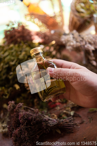 Image of potion bottle in hand of herbalist
