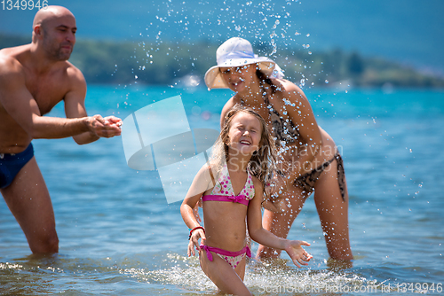 Image of happy family splashing each other at beach