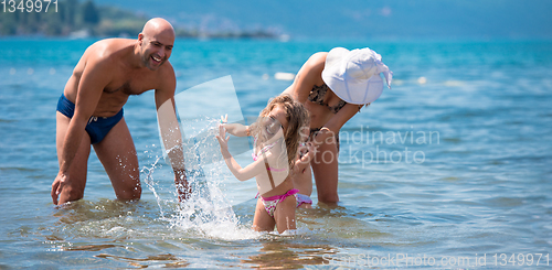 Image of happy family splashing each other at beach