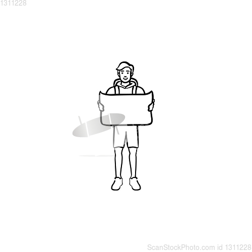 Image of Tourist with backpack holding a map hand drawn outline doodle icon.