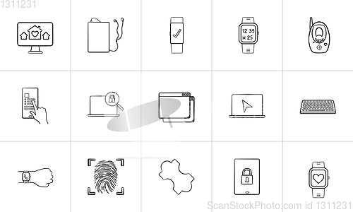 Image of Technology and gadgets hand drawn outline doodle icon set.