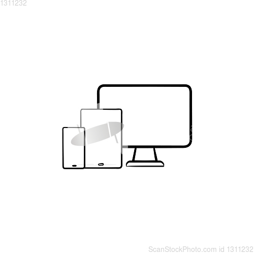 Image of Smartphone, tablet and monitor hand drawn outline doodle icon.