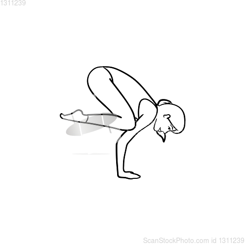 Image of Woman in yoga crow pose hand drawn outline doodle icon.