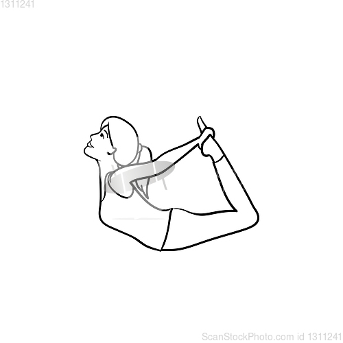 Image of Woman in yoga bow pose hand drawn outline doodle icon.