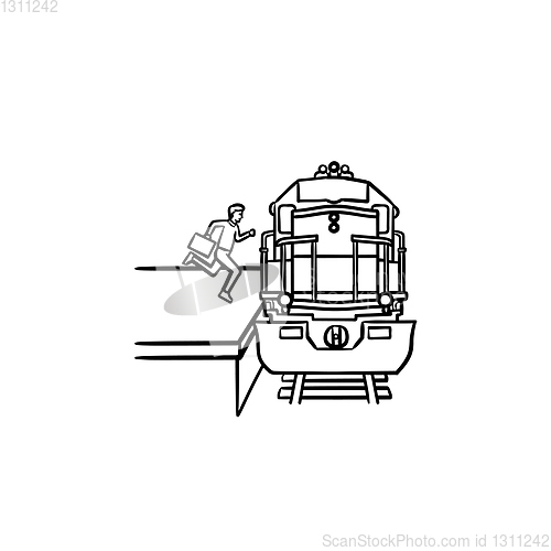 Image of Train station and passenger gets on the train hand drawn outline doodle icon.