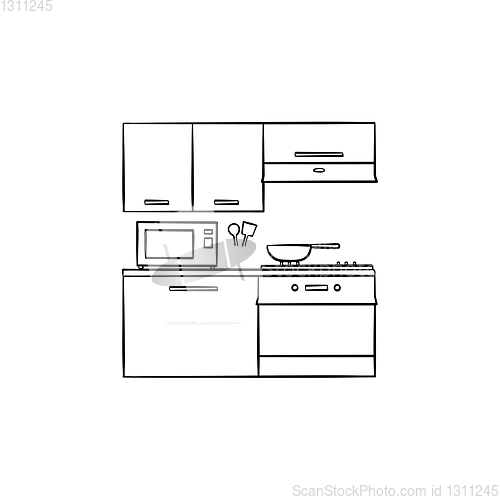 Image of Kitchen interior and appliances hand drawn outline doodle icon.