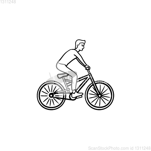 Image of Man on bike hand drawn outline doodle icon.