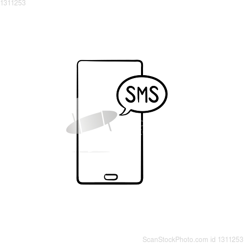 Image of Mobile phone with sms hand drawn outline doodle icon.