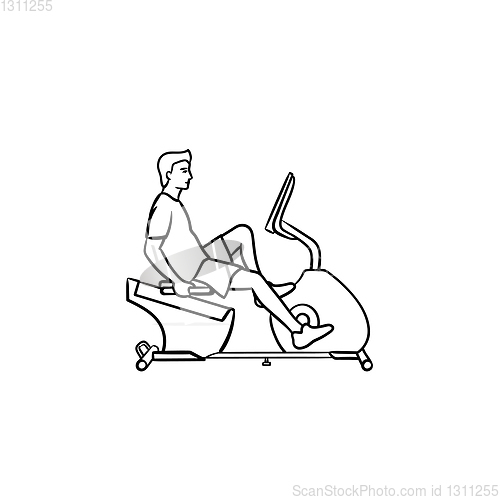 Image of Man on exercise bike hand drawn outline doodle icon.