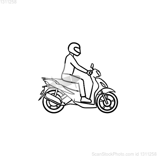 Image of Motorcyclist riding motorbike hand drawn outline doodle icon.
