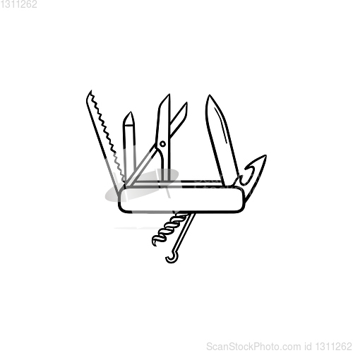 Image of Swiss folding knife hand drawn outline doodle icon.