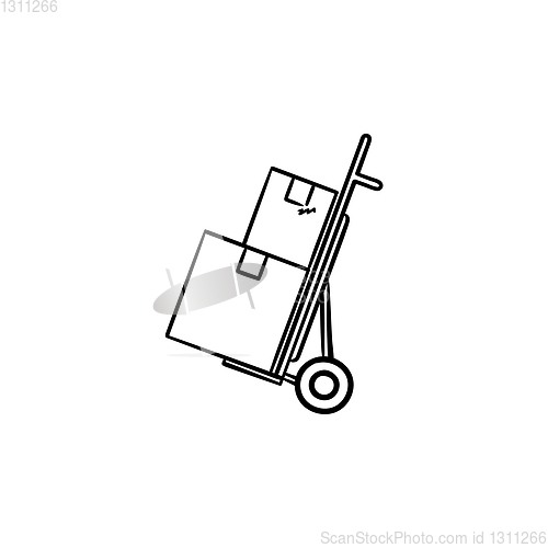 Image of Handcart with cardboard boxes hand drawn outline doodle icon.