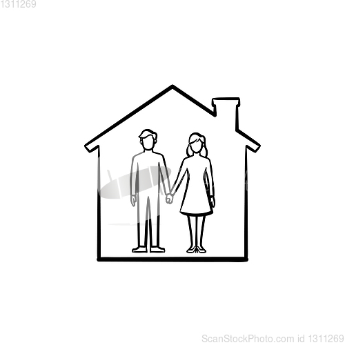 Image of House with couple hand drawn outline doodle icon.