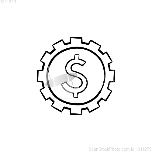 Image of Cog with dollar inside hand drawn outline doodle icon.