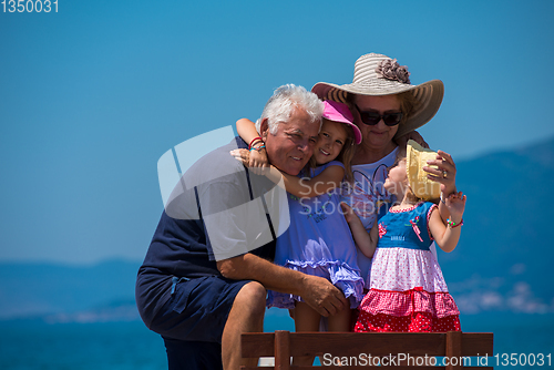 Image of portrait of grandparents and granddaughters by the sea