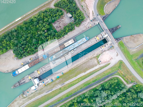 Image of flight over ship sluice at river Rhine