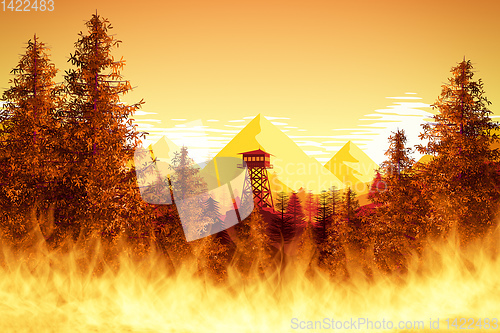 Image of forest fires with watchtower