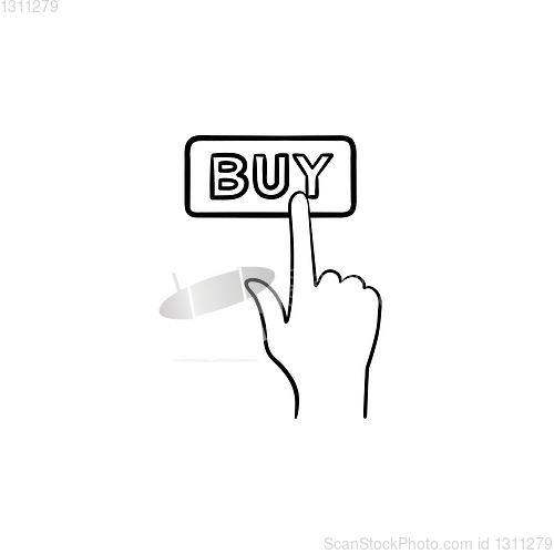 Image of Finger clicks on buy button hand drawn outline doodle icon.