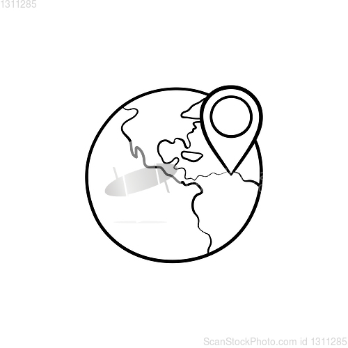 Image of Globe with pointer mark hand drawn outline doodle icon.