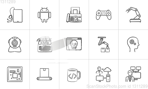 Image of Technology and machines hand drawn outline doodle icon set.