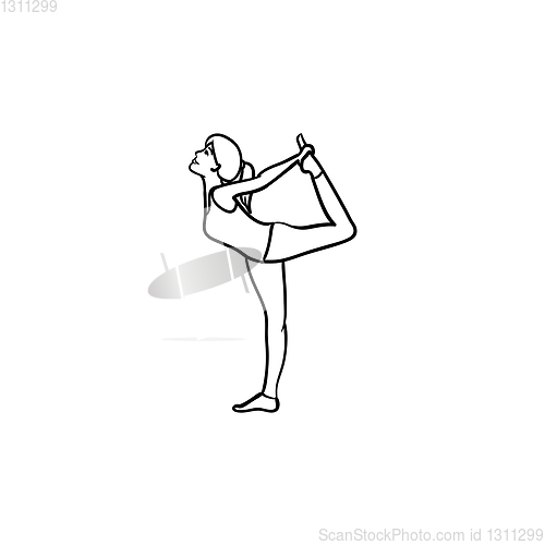 Image of Woman stretching in yoga pose hand drawn outline doodle icon.