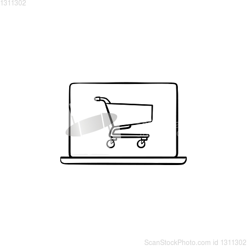 Image of Laptop with shopping cart on screen hand drawn outline doodle icon.